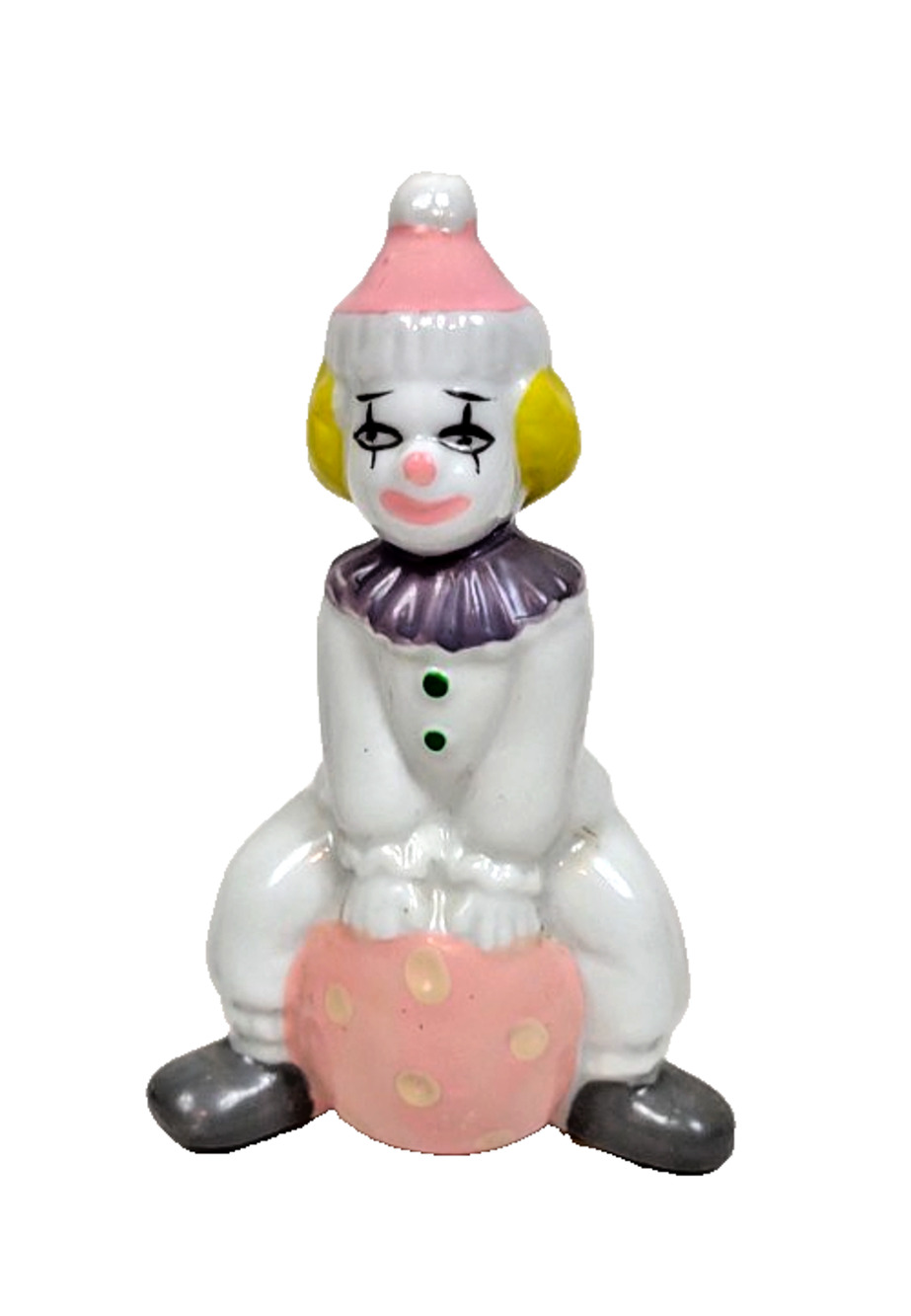 Retro Clown Figure Porcelain Small Sitting Blonde Pink Ball Polka Dot Nursery 4”
